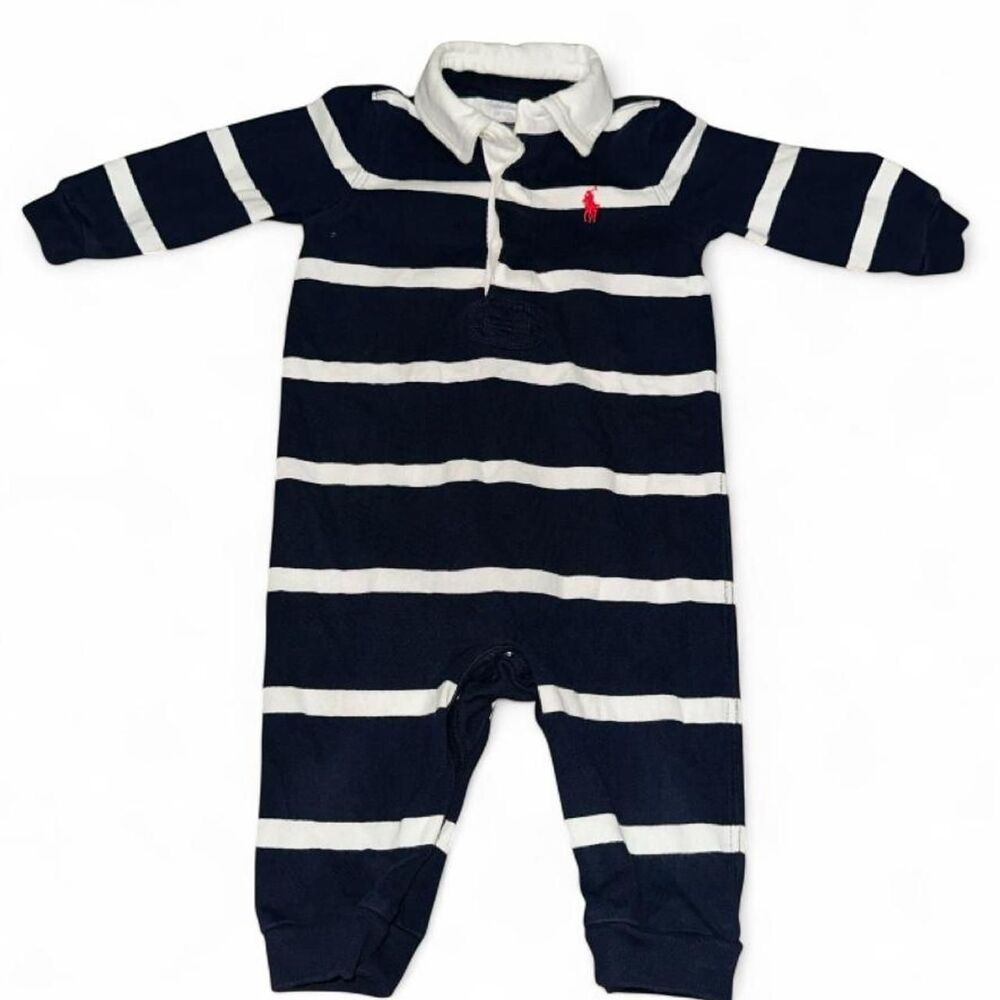Ralph Lauren Baby Striped Cotton Rugby Coverall Navy and White Size 6 Months